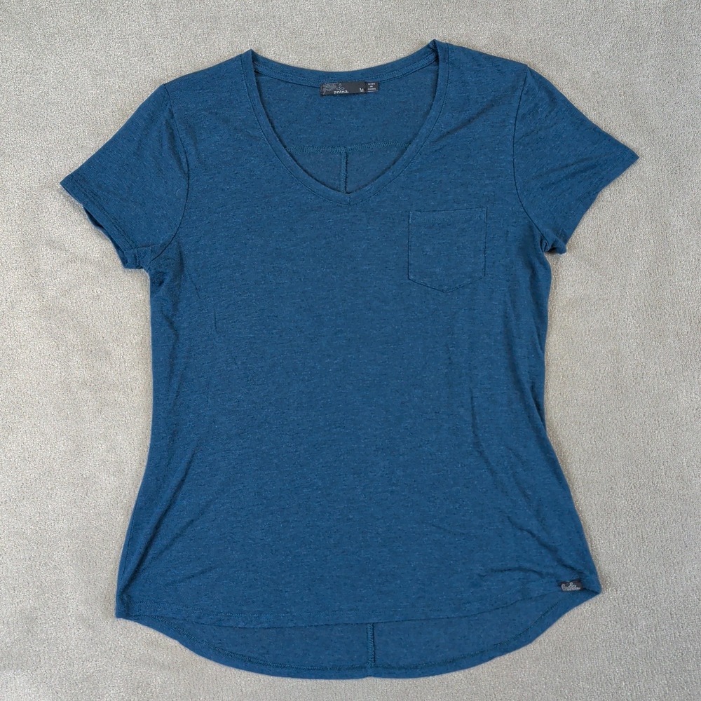 Prana T-Shirt Womens Medium Blue V-Neck Pocket Short Sleeve Active Tee